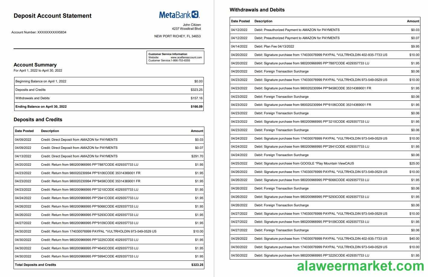USA Metabank deposit account statement 3 pages